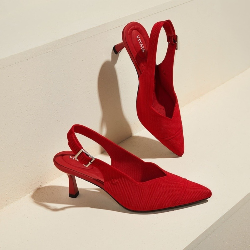 VIVAIA Red Elegant Pointed Toe Slingback Heels Knit Comfort Pumps EU/37 US/6.5 - Picture 3 of 11